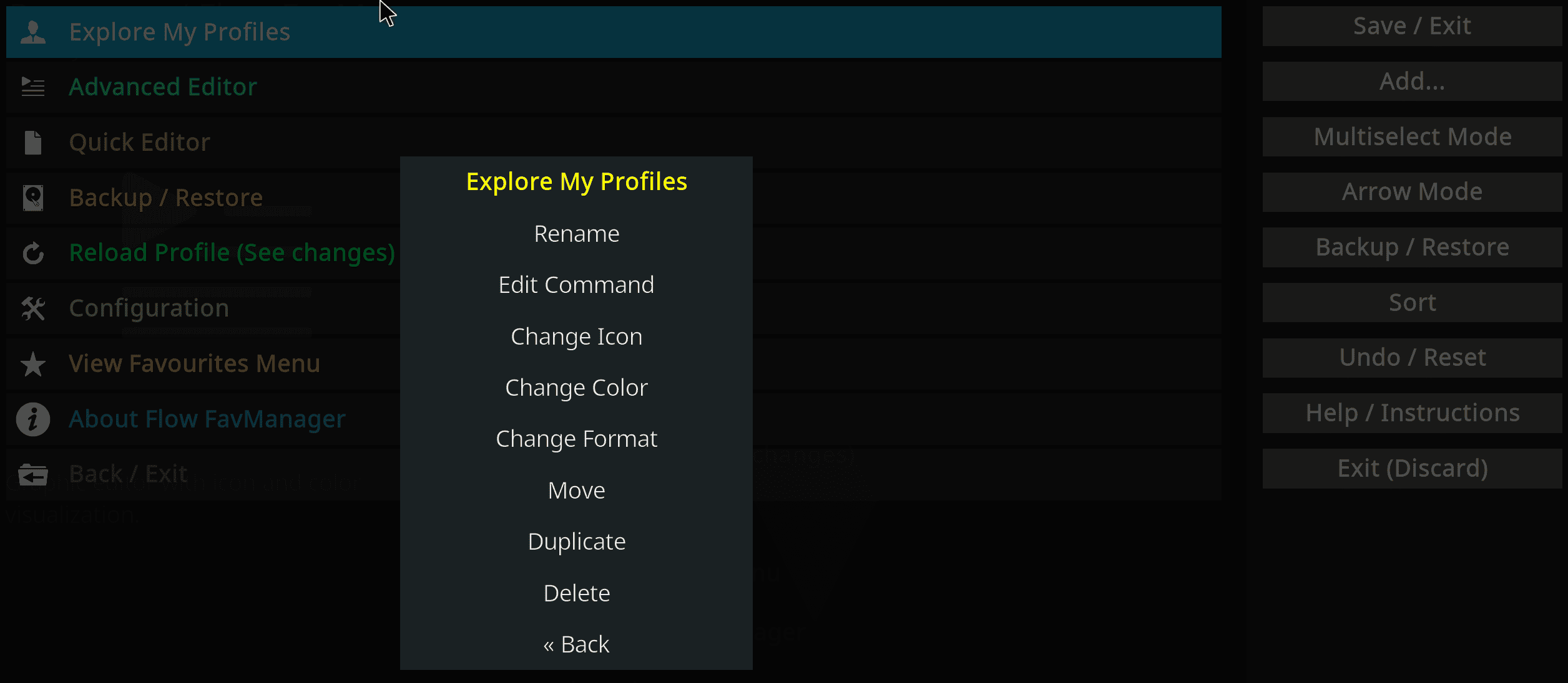 Flow FavManager running inside Kodi — addon interface screenshot